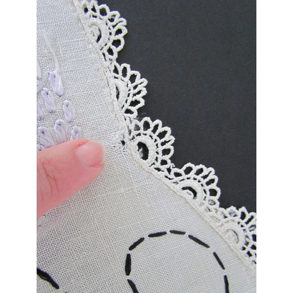 Vintage Butterfly Floral Doily Dresser Scarf Embroidery Set Linen Crochet Edges